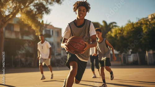 copy space, stockphoto, teenage students from different ethnic background playing basketball. Teenagers playing basketball or posing with a basketball. Happy teenagers. Sports theme. Healthy lifestyle photo