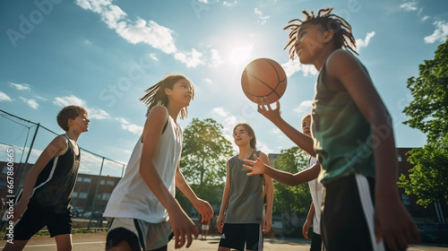 copy space, stockphoto, teenage students from different ethnic background playing basketball. Teenagers playing basketball or posing with a basketball. Happy teenagers. Sports theme. Healthy lifestyle © Dirk