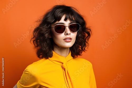 Stylish Playfulness: Dark-Haired Woman Poses Playfully in Trendy Sunglasses generative ai