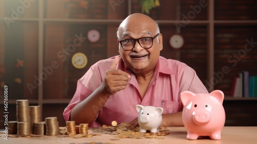 Old aged indian man ready to put coin in piggy bank  savings money concept generative ai