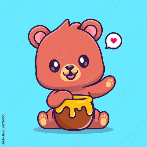 Cute Bear Eating Honey Cartoon Vector Icon Illustration. 
Animal Nature Icon Concept Isolated Premium Vector. Flat
Cartoon Style