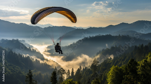 A paraglider circling above a lush, forested valley, casting a striking silhouette against the landscape below, a union of human and nature's beauty