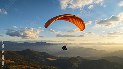 A paraglider catching a thermal updraft, gaining altitude as they ascend towards a cloud-dappled sky, portraying the elegance and grace of flight