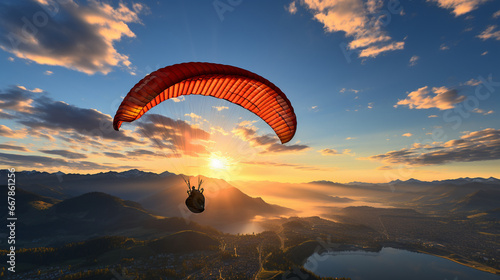 A paraglider catching a thermal updraft, gaining altitude as they ascend towards a cloud-dappled sky, portraying the elegance and grace of flight
