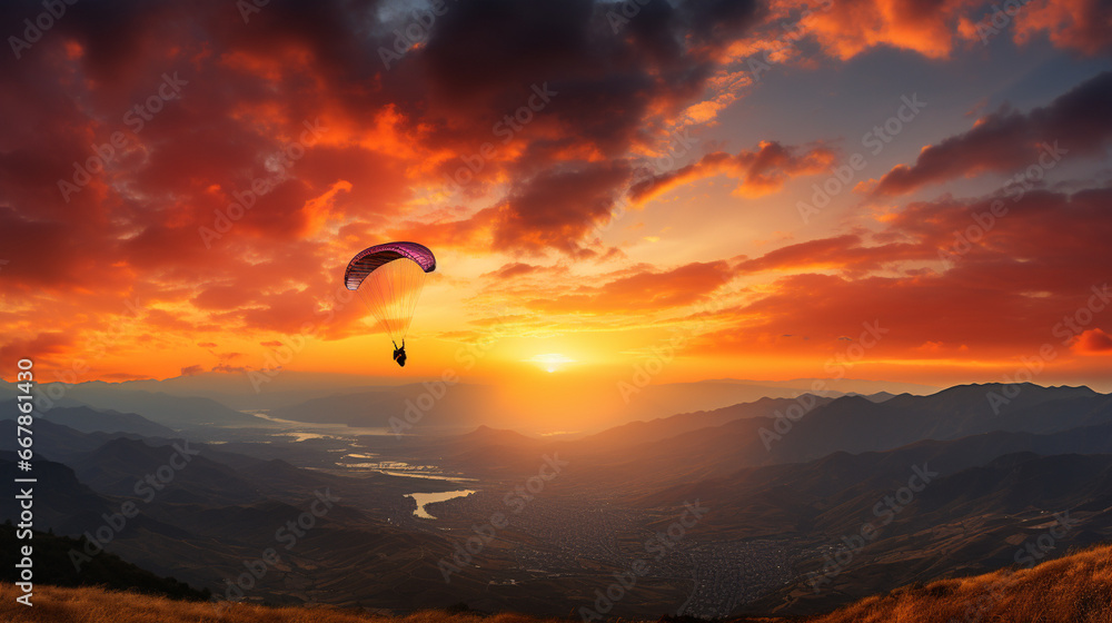 Obraz premium A paraglider silhouetted against a radiant orange and pink sunset, their outline against the vivid colors portraying the magical experience of paragliding at twilight