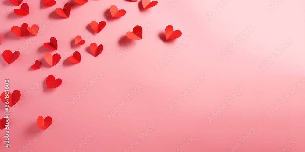 Red hearts on pink background. Design for Valentine's day, women's day, mother's day.