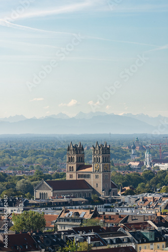Aerial view of the city of Munich in Germany. Cityscape of Munich on a sunny day