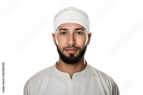 Portrait of a Young Muslim boy wearing white cap isolated on a transparent background, AI