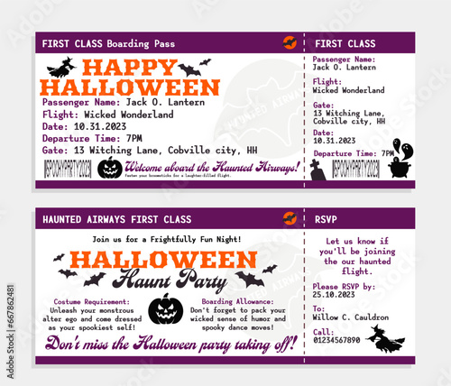 Halloween Boarding Pass Invitation. Spooky Costume Party Ticket with Witch, Ghost, Pumpkin, Haunted cemetery vintage style. October 31st retro first class boarding pass template. Vector illustration