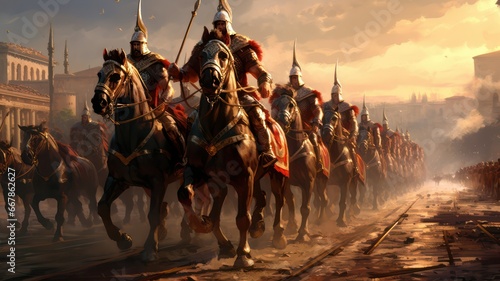 Historic roman army riding on horses created with Generative AI photo