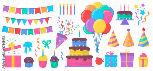 Cartoon Birthday Party Elements Set. Vector Illustration for Festive Celebrations with cake, flags, hat, balloons, gifts, confetti, ribbons and cupcakes on white background. Party clip art set.