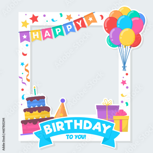 Happy Birthday Cartoon Party Frame. Vibrant Vector Illustration for Birthday Card, Collages, Photobooth or Album. Flat style Frame B-day event Template for Kids. Celebration and party concept.