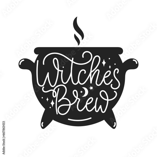 Witches brew Halloween typography vector Illustration. Spooky Hand-Drawn Witchcraft Quote in flat Style with black cauldron silhouette. Vintage Hand-Lettered Halloween Quote. Mysterious Design