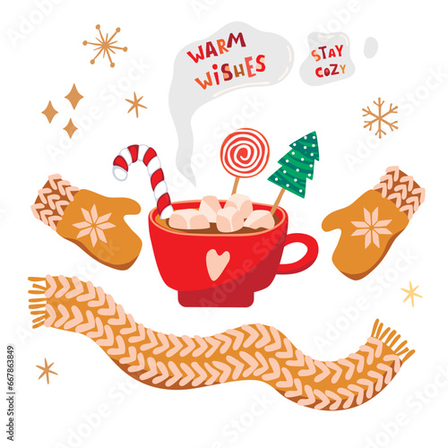 Cup of cocoa with marshmallows and hand lettering.Warm Wishes card with  drink decorative candy.Winter holydays background with cozy scarf and mittens.Vector cartoon flat illustration on white. 