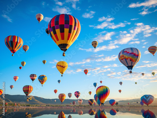 Vividly colored hot air balloons fill the sky at a lively festival amidst beautiful landscapes.