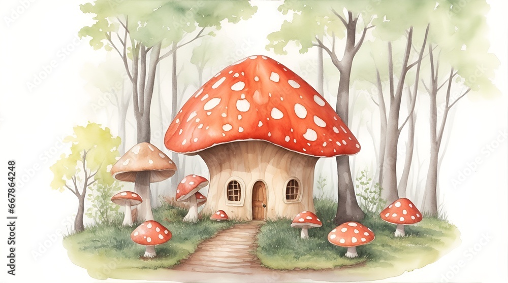 Fototapeta premium mushrooms house in the autumn forest watercolor illustration