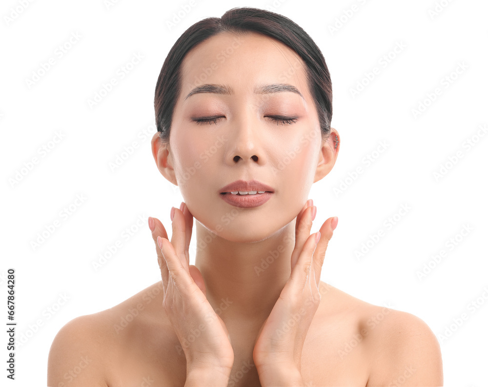 Beautiful Asian woman on white background, closeup Beautiful Asian woman on white background, closeup
