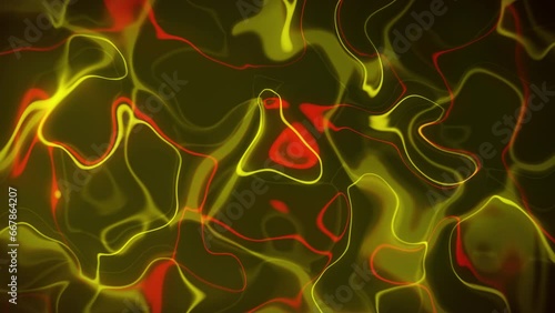 Neon loopable shimmering thin lines blurred gradient with waves yellow and red colors on dark background. Backdrop with smooth fast movement through the whole frame