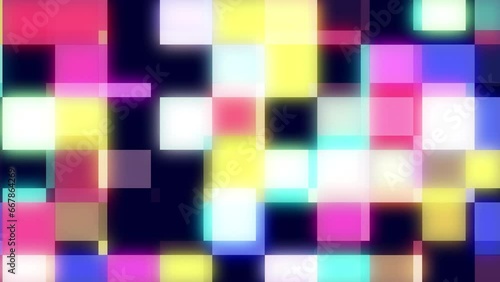 Loopable neon cubes of different colors appear and disappear changing color to another on dark background. Vibrant backdrop of purple, yellow, blue, white, turquoise and magenta with fast movement
