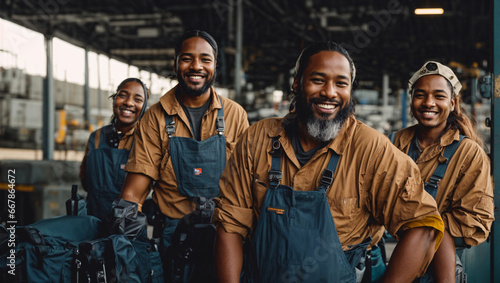 Employees loading cargo containers do their job with joy and a smile on their faces. Their workday takes place against the backdrop of lively cargo terminal where international transport takes place photo