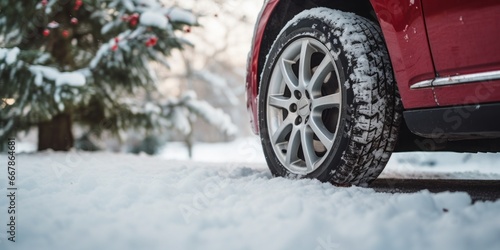 Car Tire Treading Through Snowy Terrain, Passing by a Glistening Christmas Tree, Embarking on a Seasonal Journey Through the Snow-Covered Wonders of a Festive Holiday Season