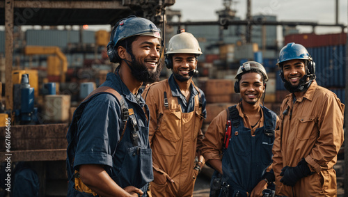 Against the backdrop of an international cargo terminal specializing in the dispatch and delivery goods, group of engineers in special clothes. Their smiles show how much they are enjoying themselves