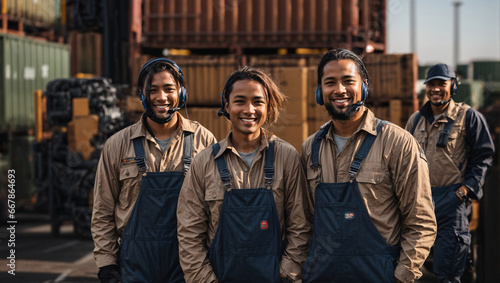 Container loading operators work in the cargo terminal, where international cargo transportation takes place. They are always in a good mood and happy, performing their duties in specialized clothes