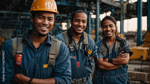 Portrait of cargo container loading operator workers. Workers against the background of a cargo terminal for the transportation and dispatch of international cargo. Smiling workers in special clothes photo