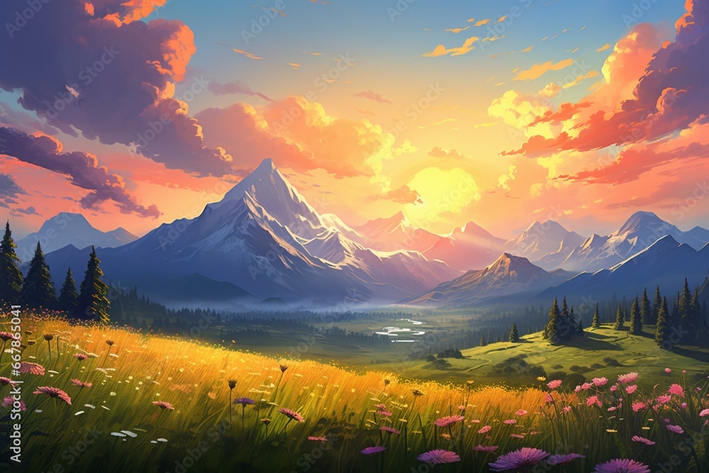 Majestic mountain range, tranquil meadow, orange sunset, idyllic landscape. Generative AI - obrazy, fototapety, plakaty 