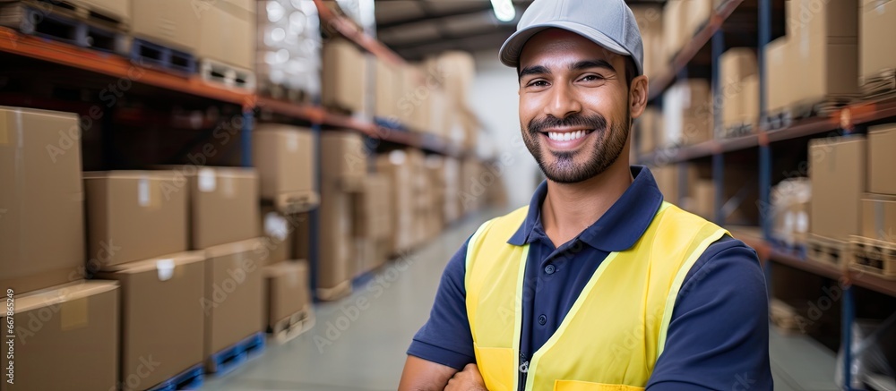 Warehouse worker scans box and smiles at camera in large warehouse Warehouse worker scans box and smiles at camera in large warehouse