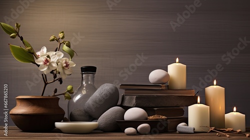 a spa composition on a minimalist massage table with soft, natural lighting.