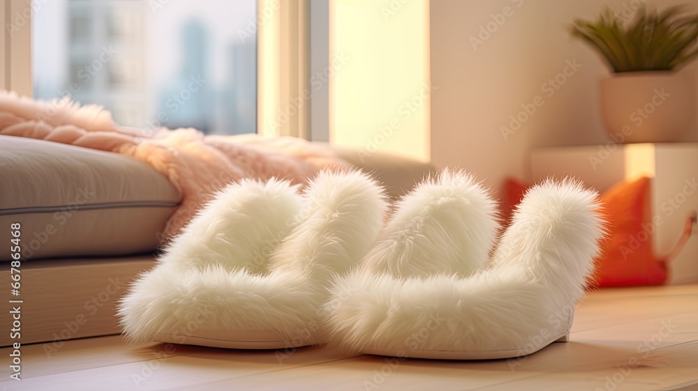 a pair of fluffy house slippers in a modern, brightly lit living room. a pair of fluffy house slippers in a modern, brightly lit living room.