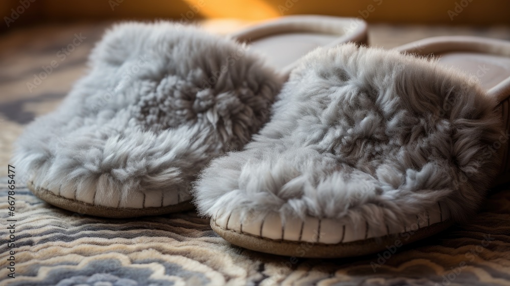 a pair of fluffy house slippers in a modern, brightly lit living room. a pair of fluffy house slippers in a modern, brightly lit living room.