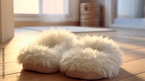 a pair of fluffy house slippers in a modern, brightly lit living room.