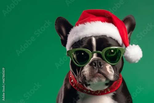 Cheerful Boston Terrier Dog in Santa Hat with Christmas Tree Glasses on Green Background - Created with Generative AI Tools © ThePixelCraft