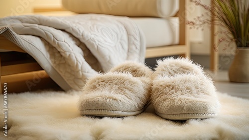 a pair of fluffy house slippers in a modern, brightly lit living room.