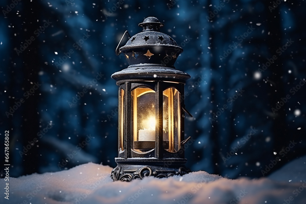 Closeup of Christmas Lantern with Snowfall - Created with Generative AI Tools Closeup of Christmas Lantern with Snowfall - Created with Generative AI Tools