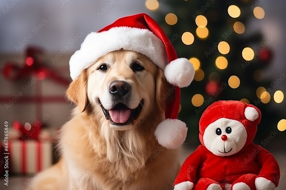 Cute Dog with Teddy Bear Toy in Christmas Home Decor - Created with Generative AI Tools Cute Dog with Teddy Bear Toy in Christmas Home Decor - Created with Generative AI Tools