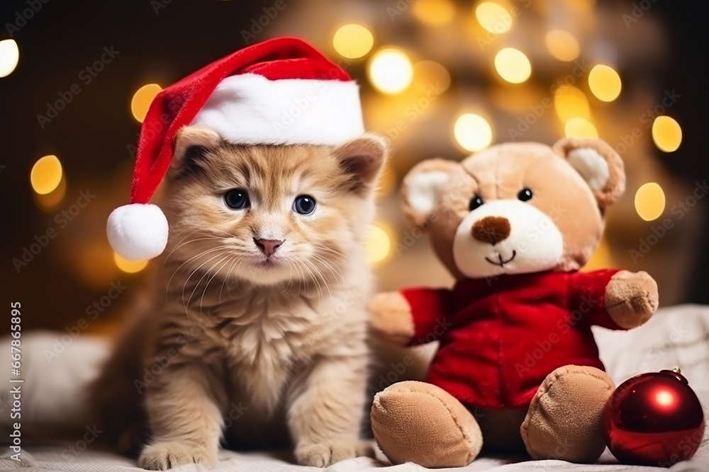 Cute Kitten with Teddy Bear Toy in Christmas Decorated Home - Created with Generative AI Tools Cute Kitten with Teddy Bear Toy in Christmas Decorated Home - Created with Generative AI Tools