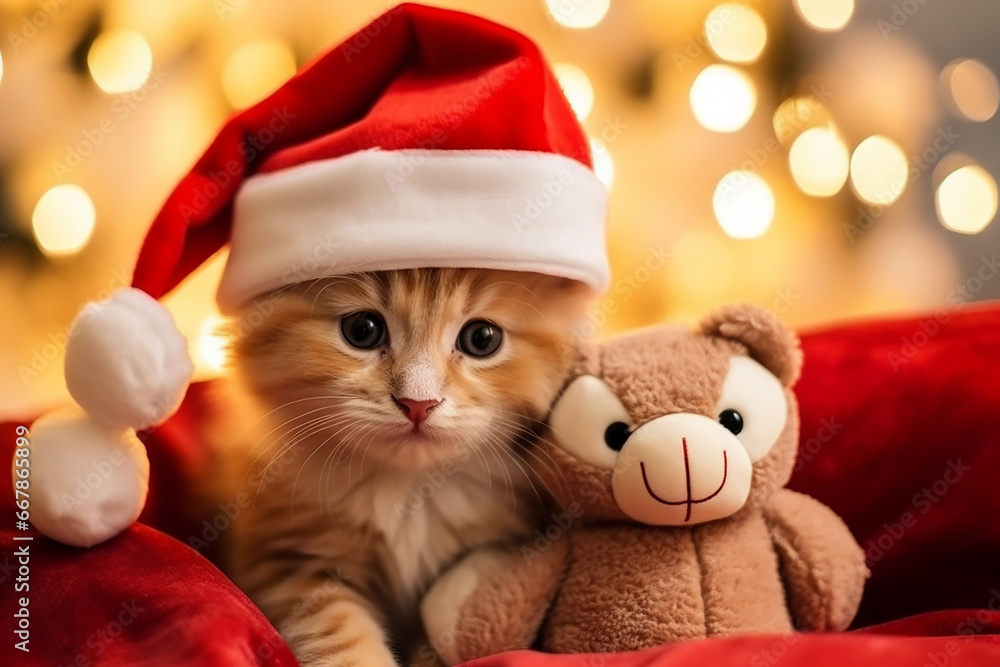 Cute Kitten with Teddy Bear Toy in Christmas Decorated Home - Created with Generative AI Tools Cute Kitten with Teddy Bear Toy in Christmas Decorated Home - Created with Generative AI Tools