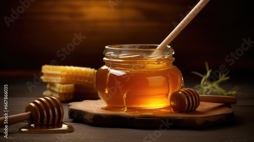 honey drizzling from a wooden honey dipper onto a rustic wooden table.