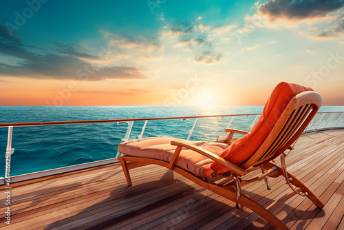 Empty sun lounger on the deck of a luxury cruise ship at sunset.