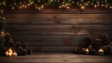 holiday decorations with Christmas lights, lush fir branches, and pine cones beautifully arranged on a wooden background.
