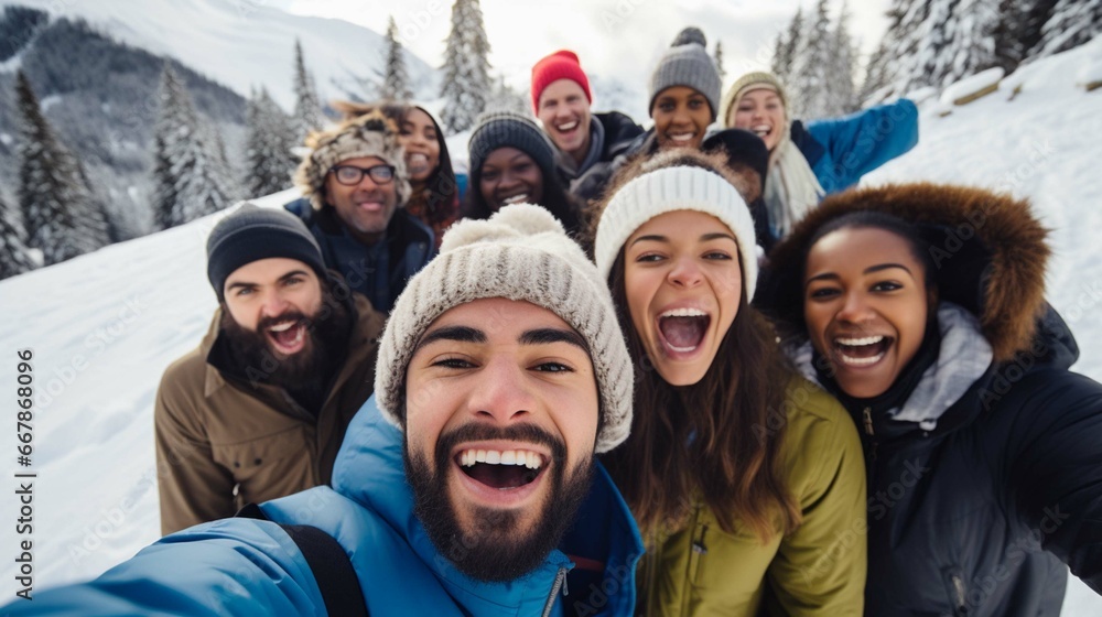 group of young cheerful diverse men and women posing for a selfie photo on the ski or snowboard vacation in the mountains