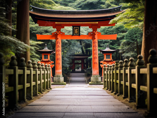 A picturesque Japanese Shinto shrine surrounded by red torii gates and a tranquil garden.