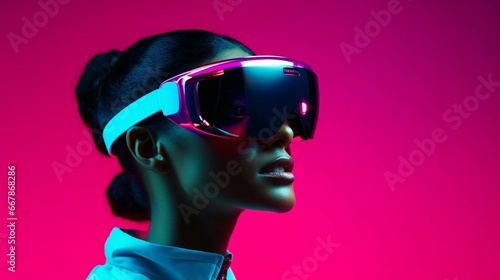 young dark-skinned african woman wearing new revolutionary gaming technology - virtual or augmented reality glasses, studio portrait on neon magenta