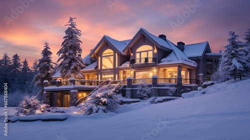 Beautiful luxury home with snow at dawn