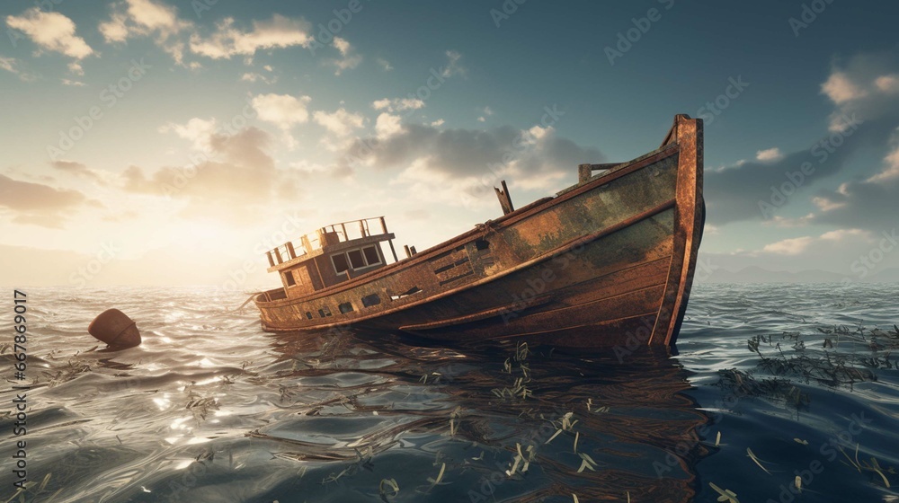 Old wreck boat sinking at the sea 3d rendering 