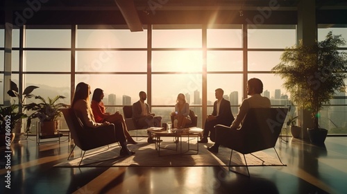 Silhouette of startup business team. Meeting on the couch. Big open space office. Five people. Intentional sun glare and lens flares. Wide screen, panoramic  photo
