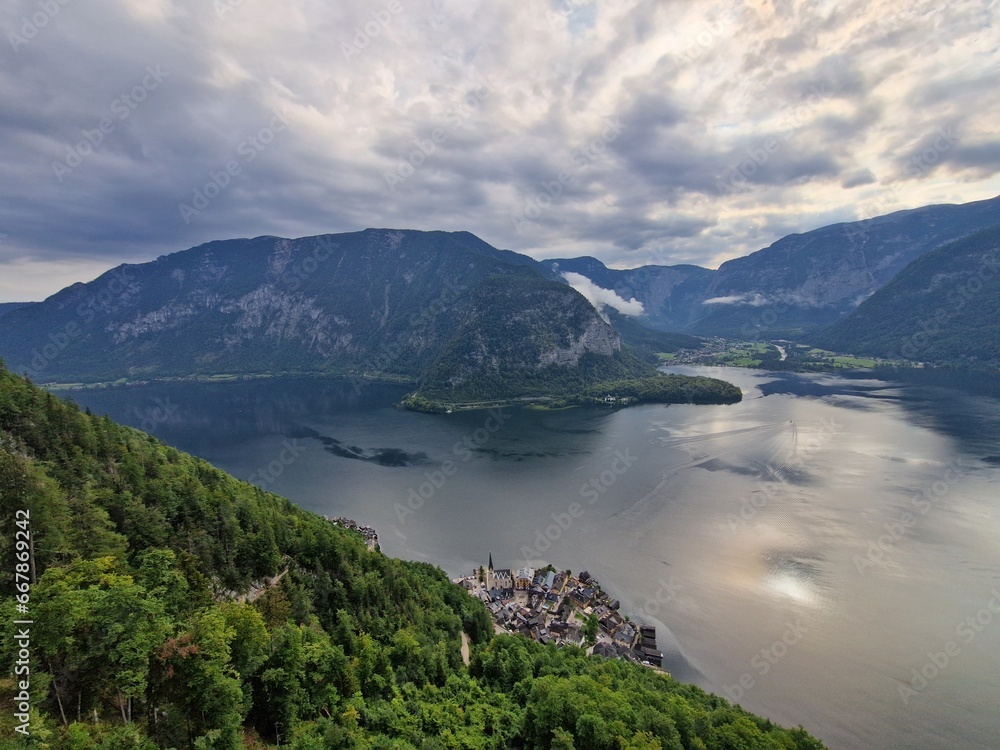 View on Hallstatt town and lake in Austria from Skywalk viewing platform